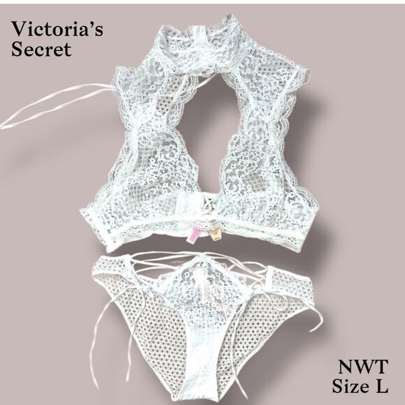NWT Victoria’s Secret White Lace Halter Bralette and Cheeky Panty Set Size Large - Picture 1 of 11